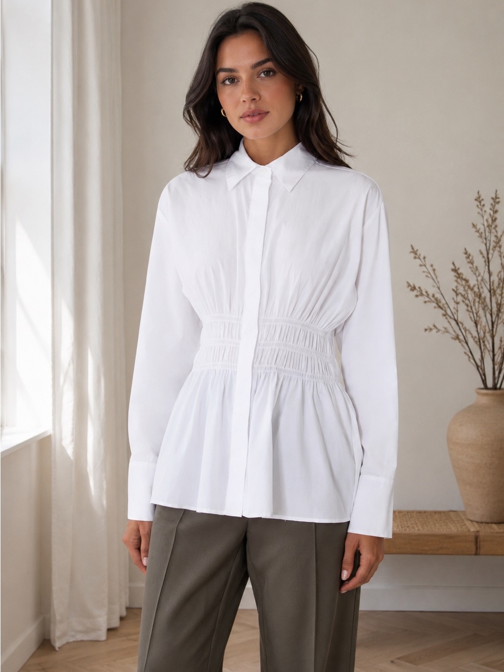 rag & bone Blythe White Cotton Poplin Smocked Waist Button-Up Shirt Blouse XS